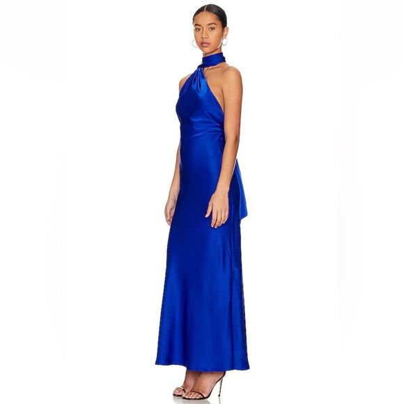 MISHA Alastair Satin Gown Electric Blue sash one shoulder satin maxi Revolve 6 - Picture 3 of 9